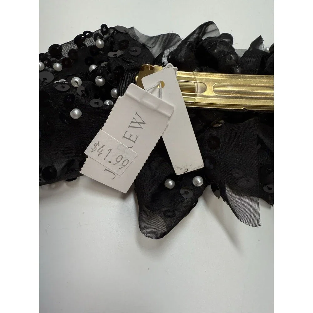 J.Crew Black Mesh Sequin And Faux Pearl Bow Barette New